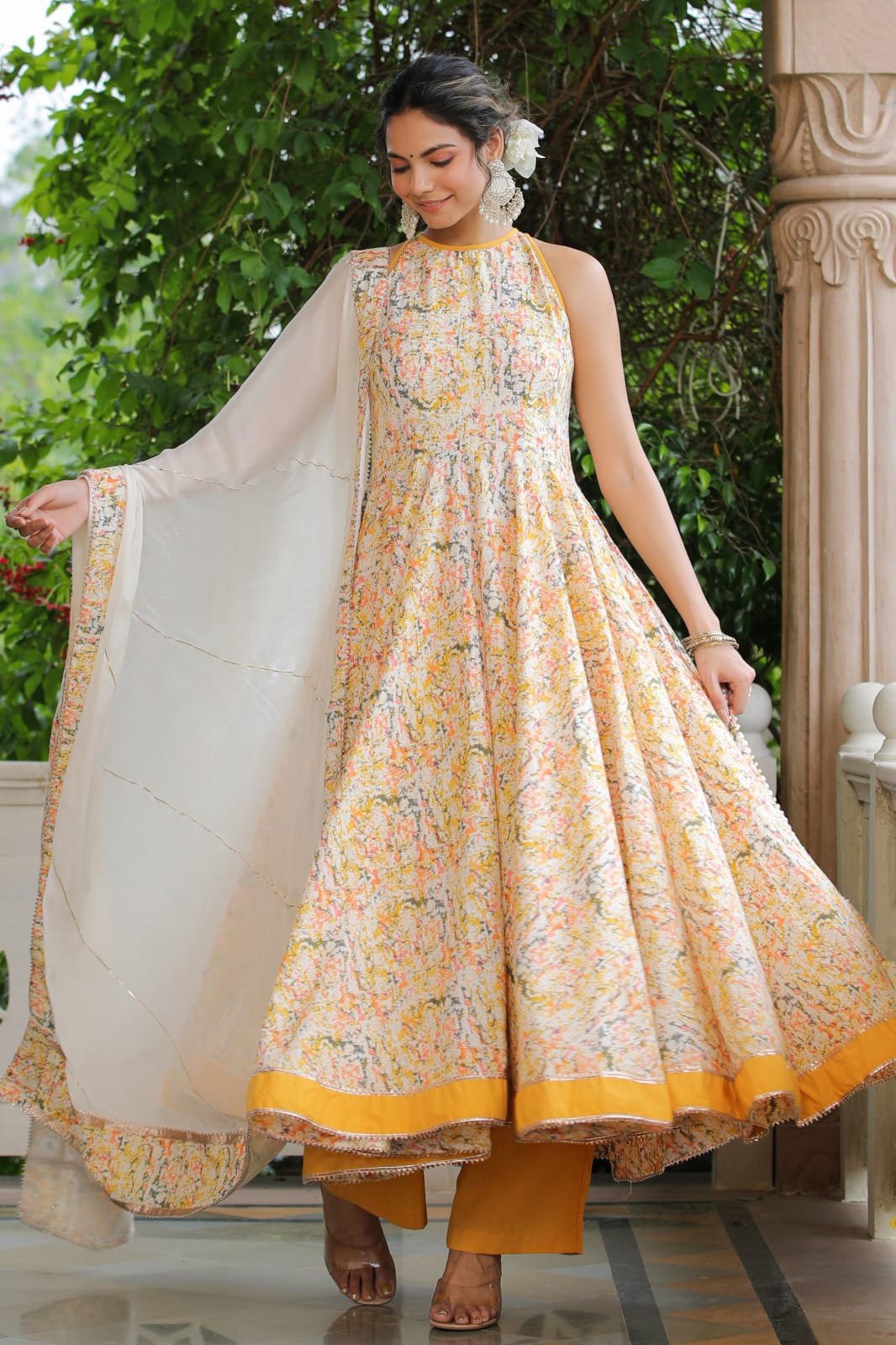 Frock style Cotton fabric Yellow color Printed Gown with Zari, Thread &  Mirror work with Dupatta