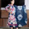 Navy blue 3 piece cotton floral suit set for women with kurta, pant, and tie-dye dupatta – sizes M to XXL