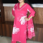 Pink color 3 PC V-Neck Suit,  Embroidery Work Detailing in Neck