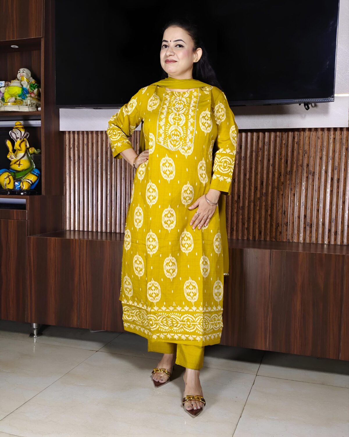 Elegant mustard yellow embroidered ethnic kurta pant dupatta set