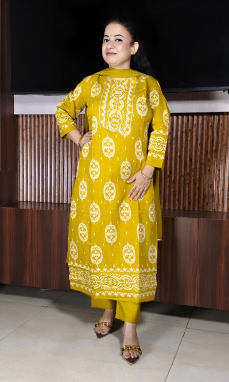 Elegant mustard yellow embroidered ethnic kurta pant dupatta set