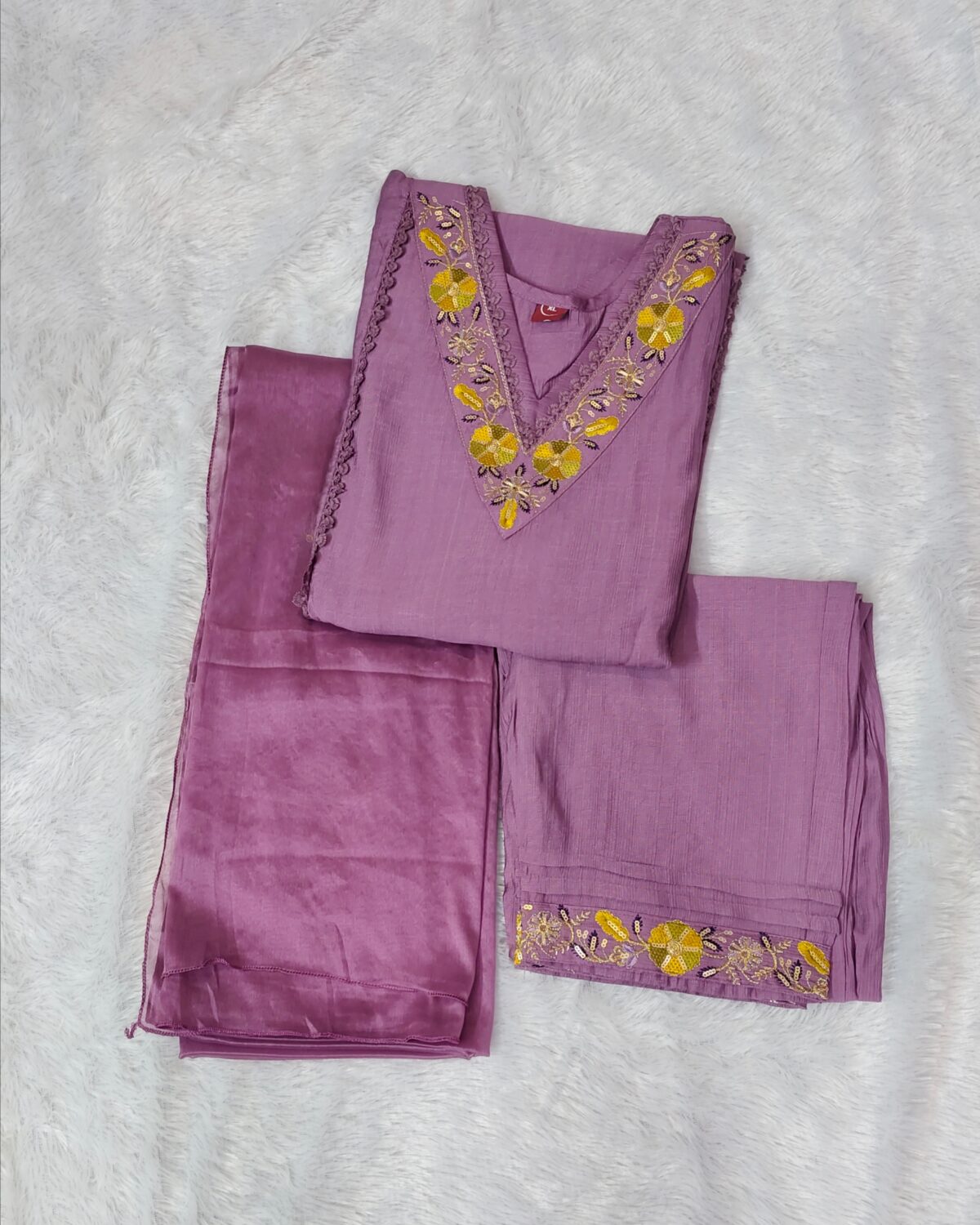Premium Vatican cotton purple suit with yellow floral embroidery and lace details