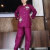 Elegant maroon rayon cotton cord set with embroidered kurta and matching pants for girls