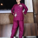 Elegant maroon rayon cotton cord set with embroidered kurta and matching pants for girls