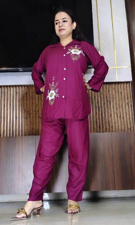 Elegant maroon rayon cotton cord set with embroidered kurta and matching pants for girls