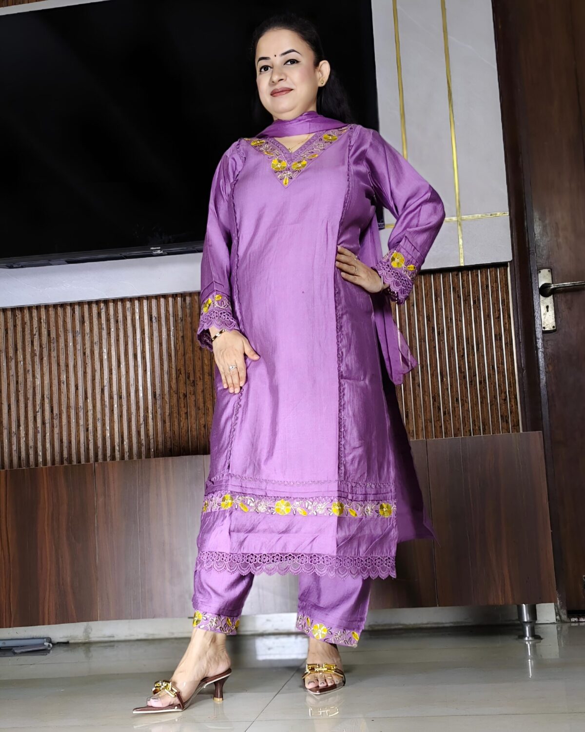 Premium Vatican cotton purple suit with yellow floral embroidery and lace details