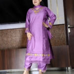 Premium Vatican cotton purple suit with yellow floral embroidery and lace details