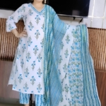 White & Blue Floral Cotton Suit Set with Printed Dupatta and Zigzag Pants