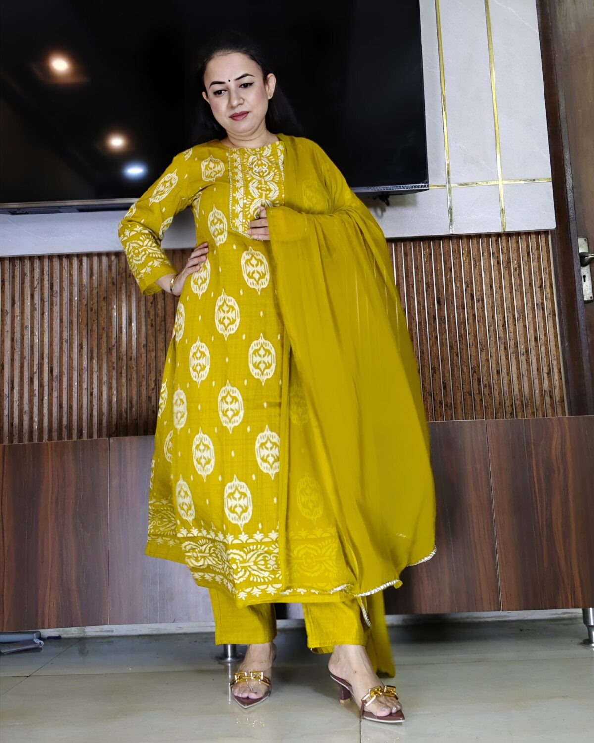 Elegant mustard yellow embroidered ethnic kurta pant dupatta set