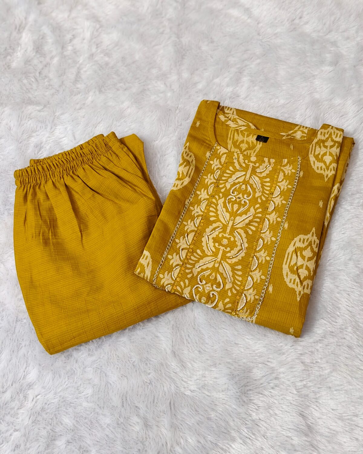 Elegant mustard yellow embroidered ethnic kurta pant dupatta set