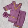 Premium Vatican cotton purple suit with yellow floral embroidery and lace details