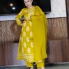Elegant mustard yellow embroidered ethnic kurta pant dupatta set