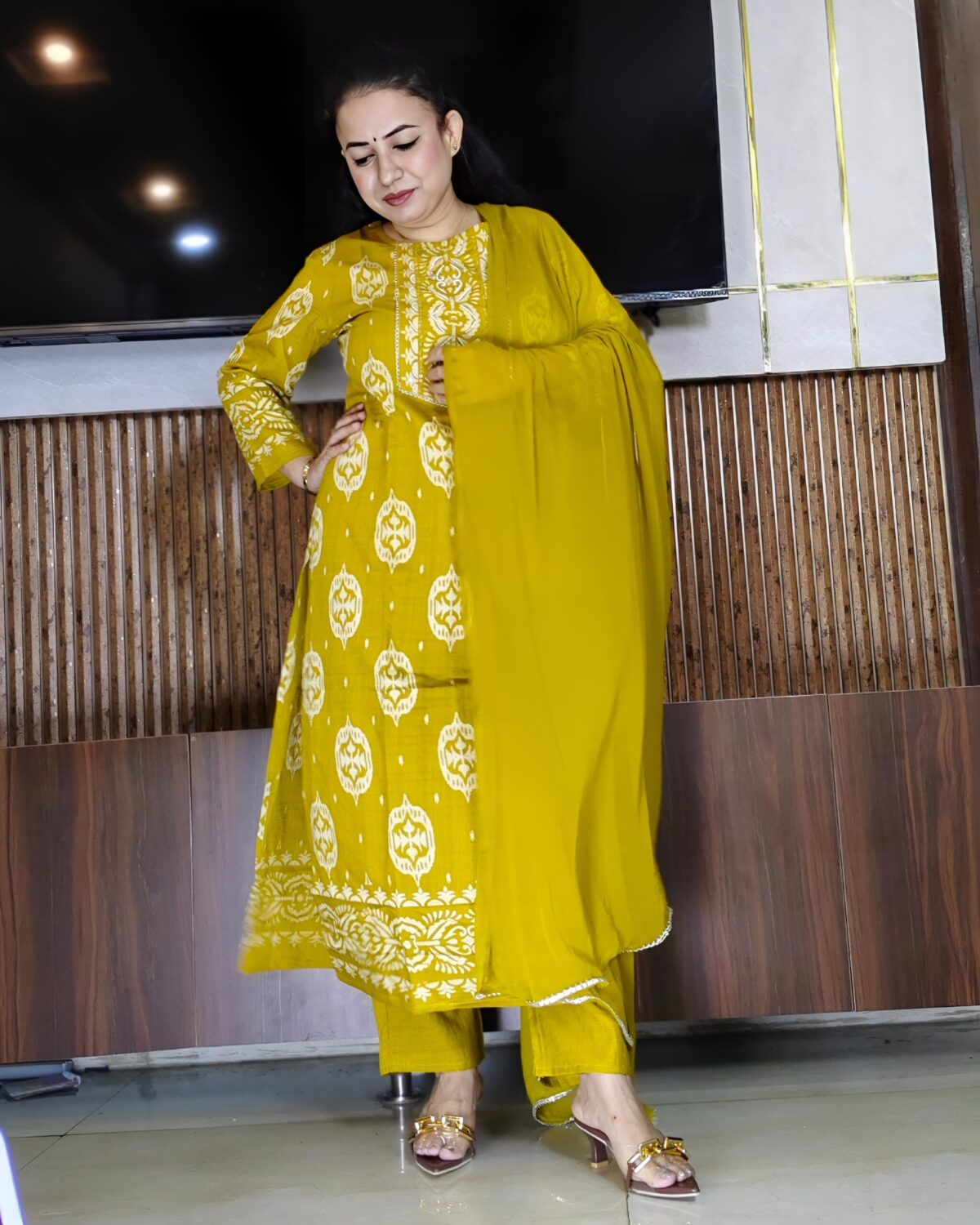 Elegant mustard yellow embroidered ethnic kurta pant dupatta set