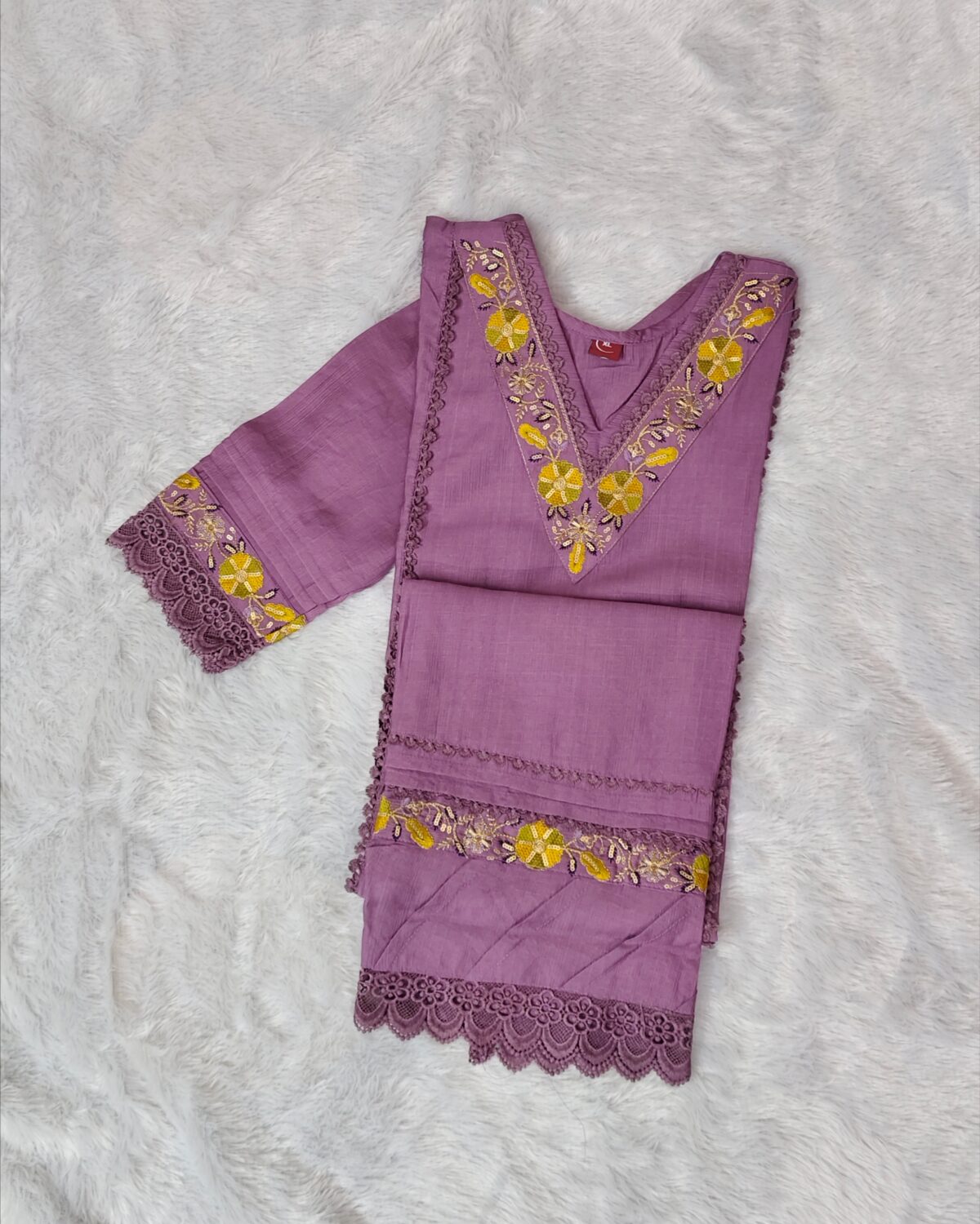 Premium Vatican cotton purple suit with yellow floral embroidery and lace details