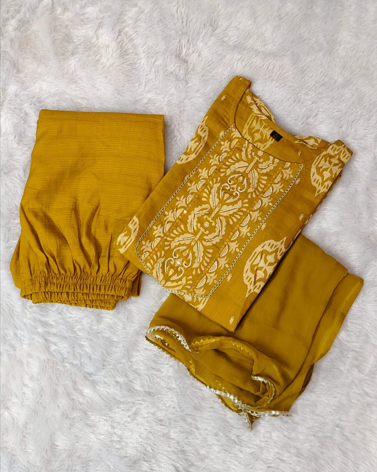 Elegant mustard yellow embroidered ethnic kurta pant dupatta set