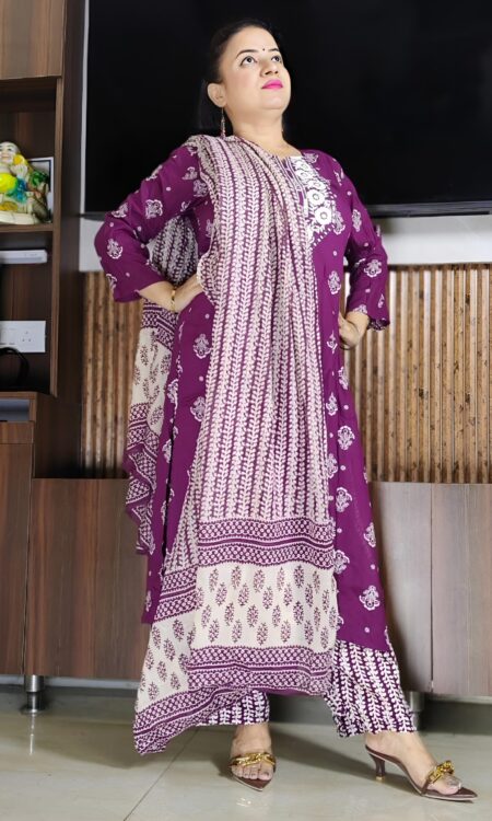 Maroon cotton suit set for women with embroidered neckline, printed dupatta, and straight pants – stylish ethnic wear for daily use and casual outings.