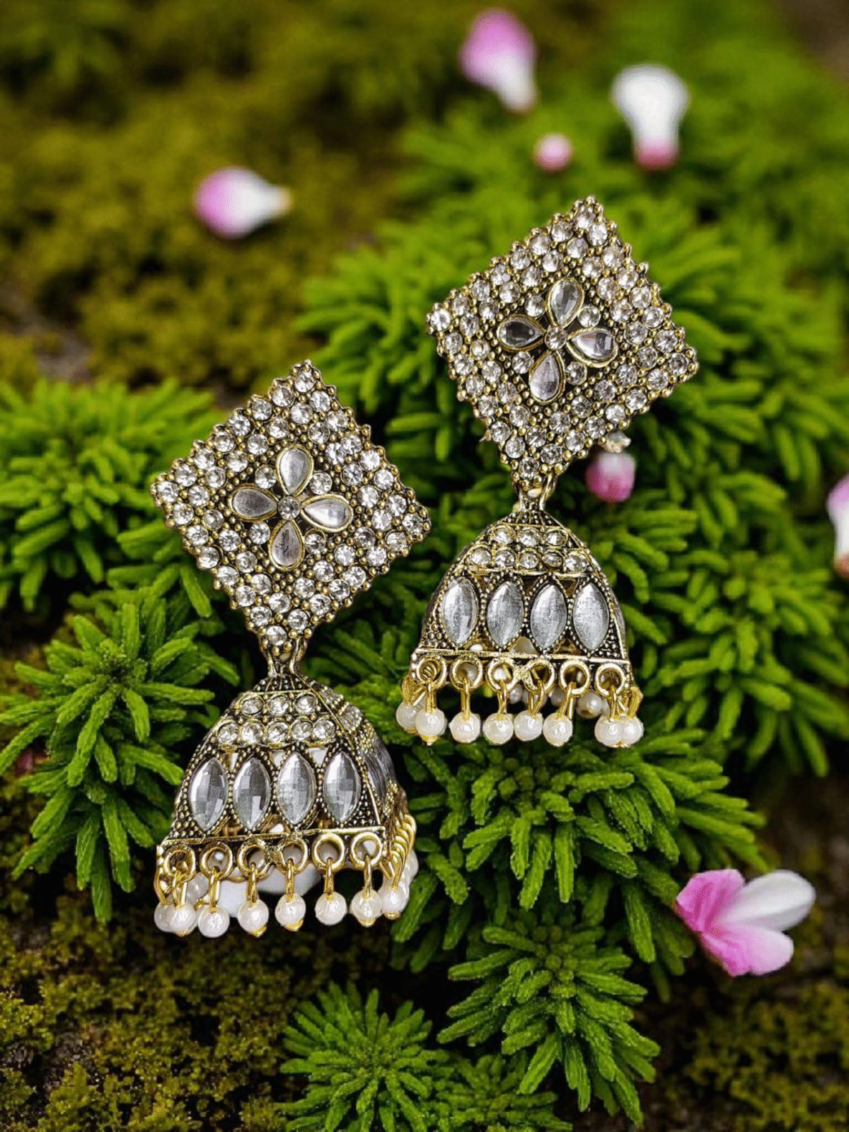 kundan and pearl studded jhumka earrings for women gold toned traditional jewellery