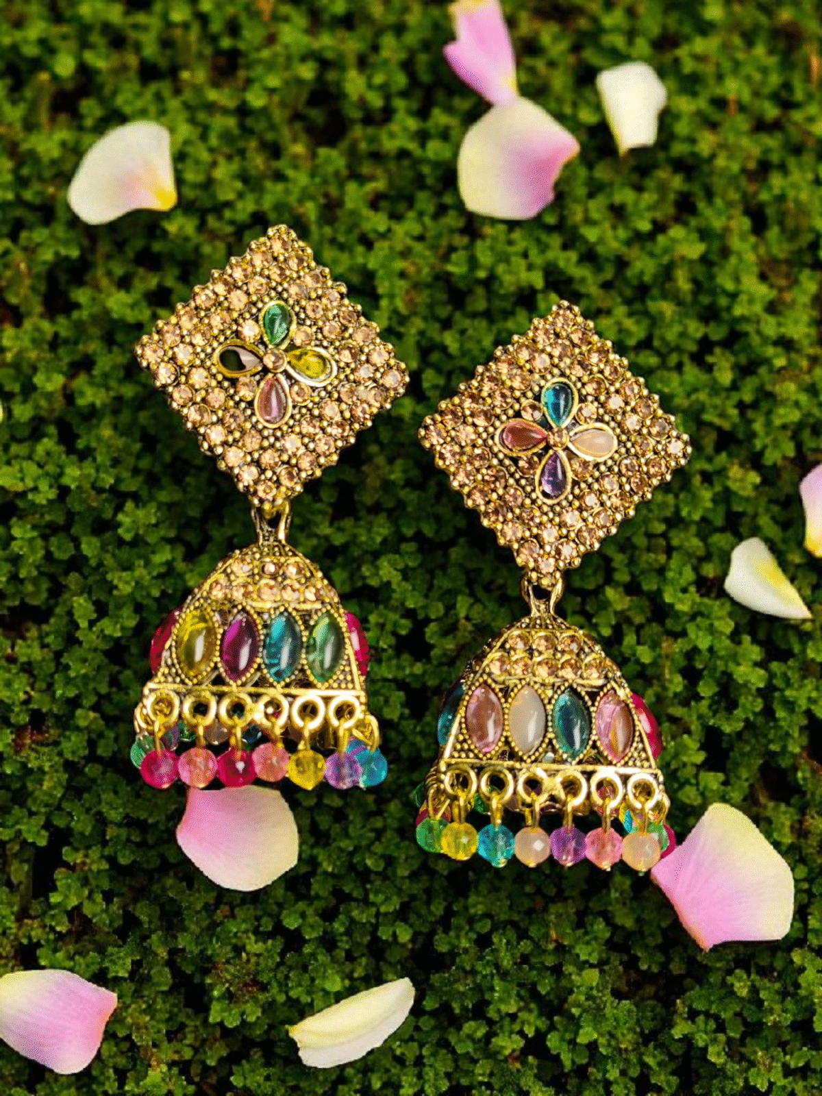 Multicolor Stone Studded Traditional Jhumka Earrings
