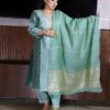 Elegant green Vatican fabric suit set with embroidered V-neck kurta, straight pants, and silk-finish dupatta