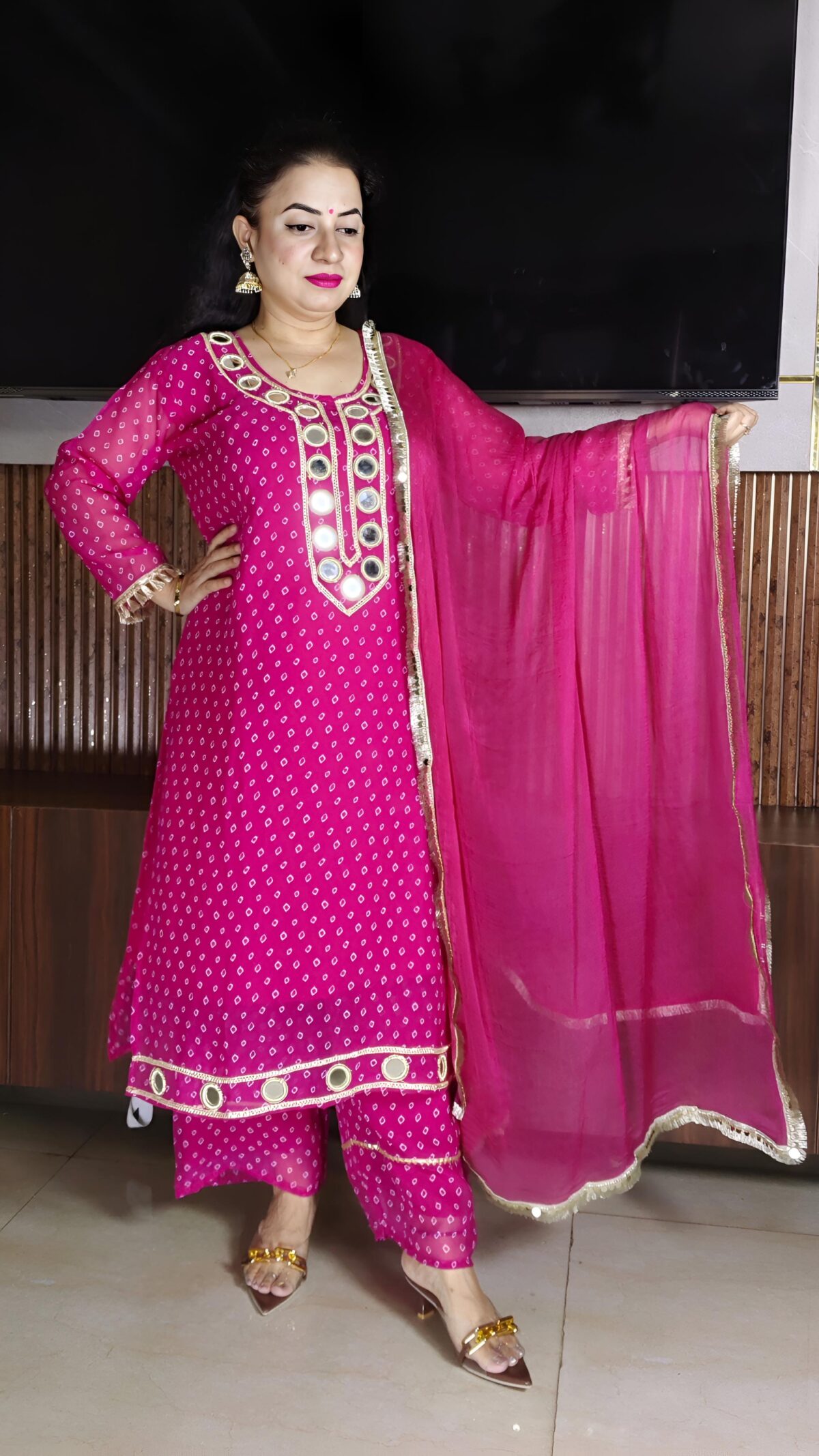 Women’s Pink Georgette Mirror Work Suit Set with Dupatta