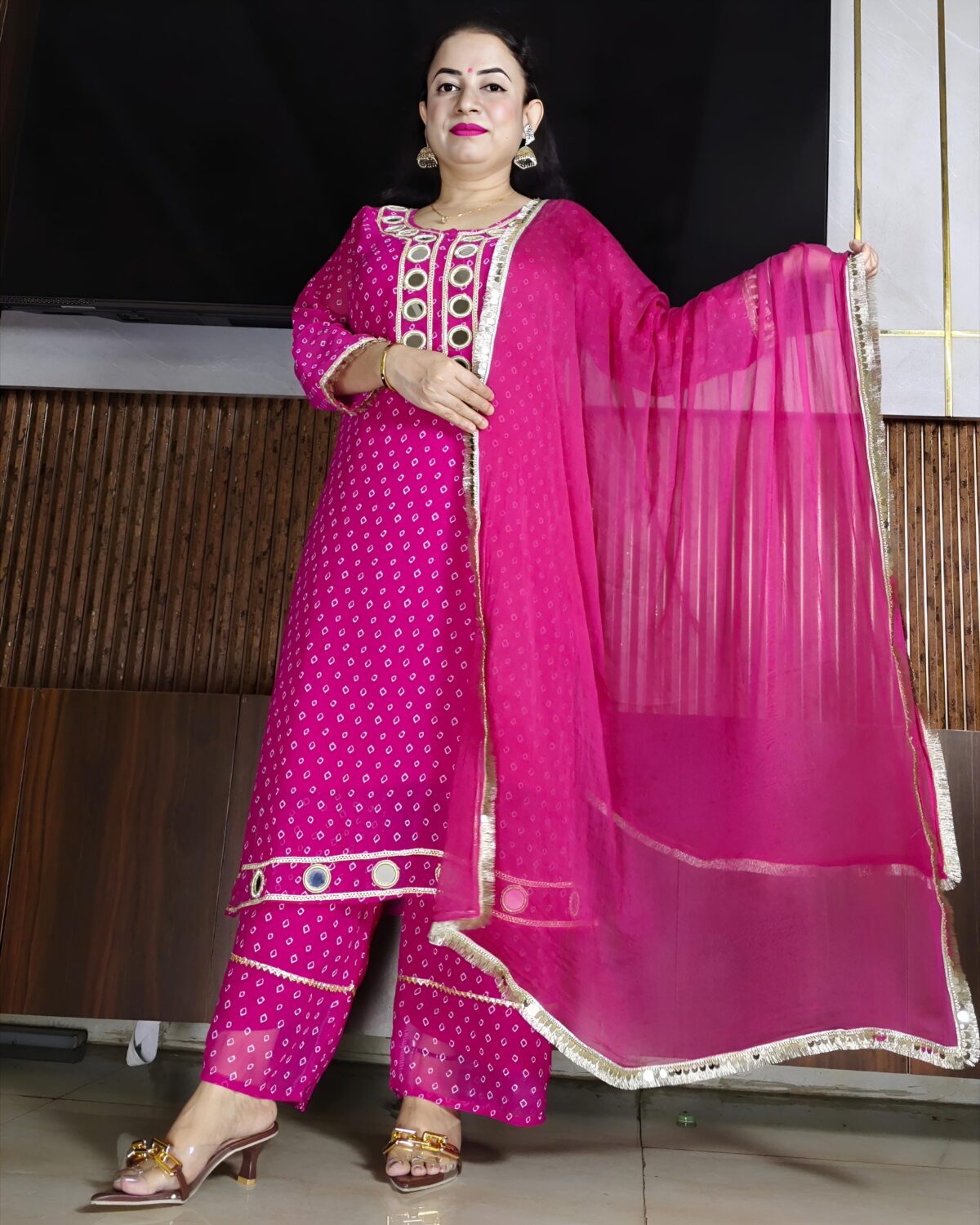 Women’s Pink Georgette Mirror Work Suit Set with Dupatta