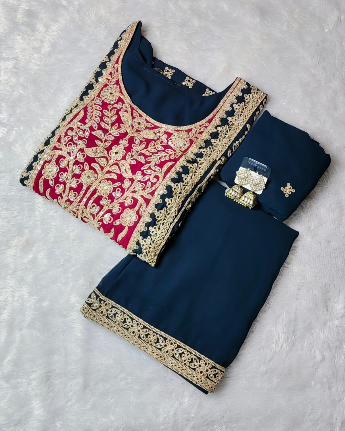 Navy blue embroidered palazzo suit set with dupatta for women
