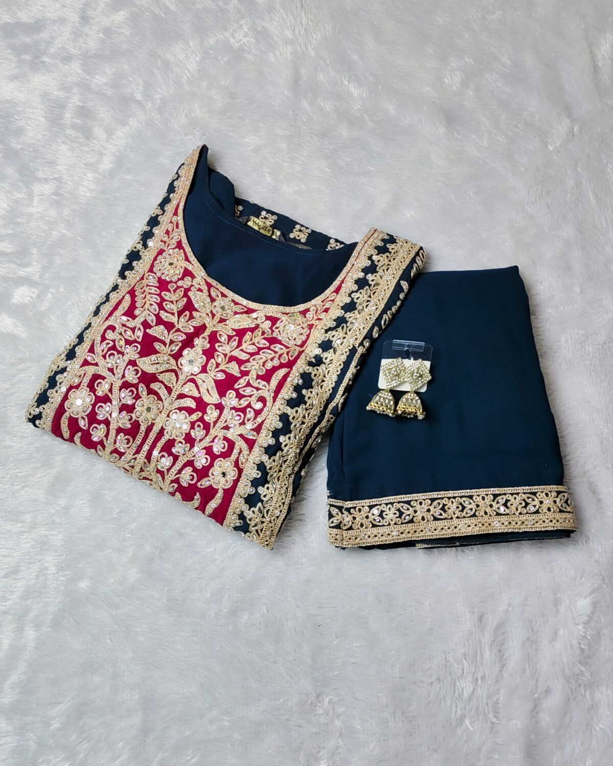 Navy blue embroidered palazzo suit set with dupatta for women