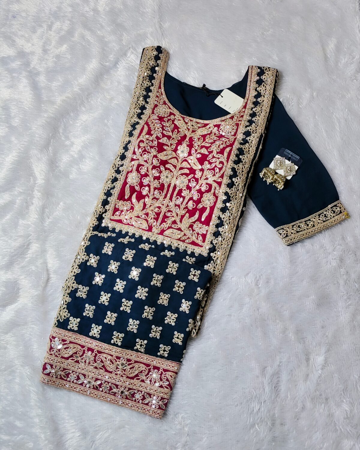 Navy blue embroidered palazzo suit set with dupatta for women