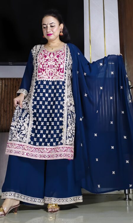 Navy blue embroidered palazzo suit set with dupatta for women