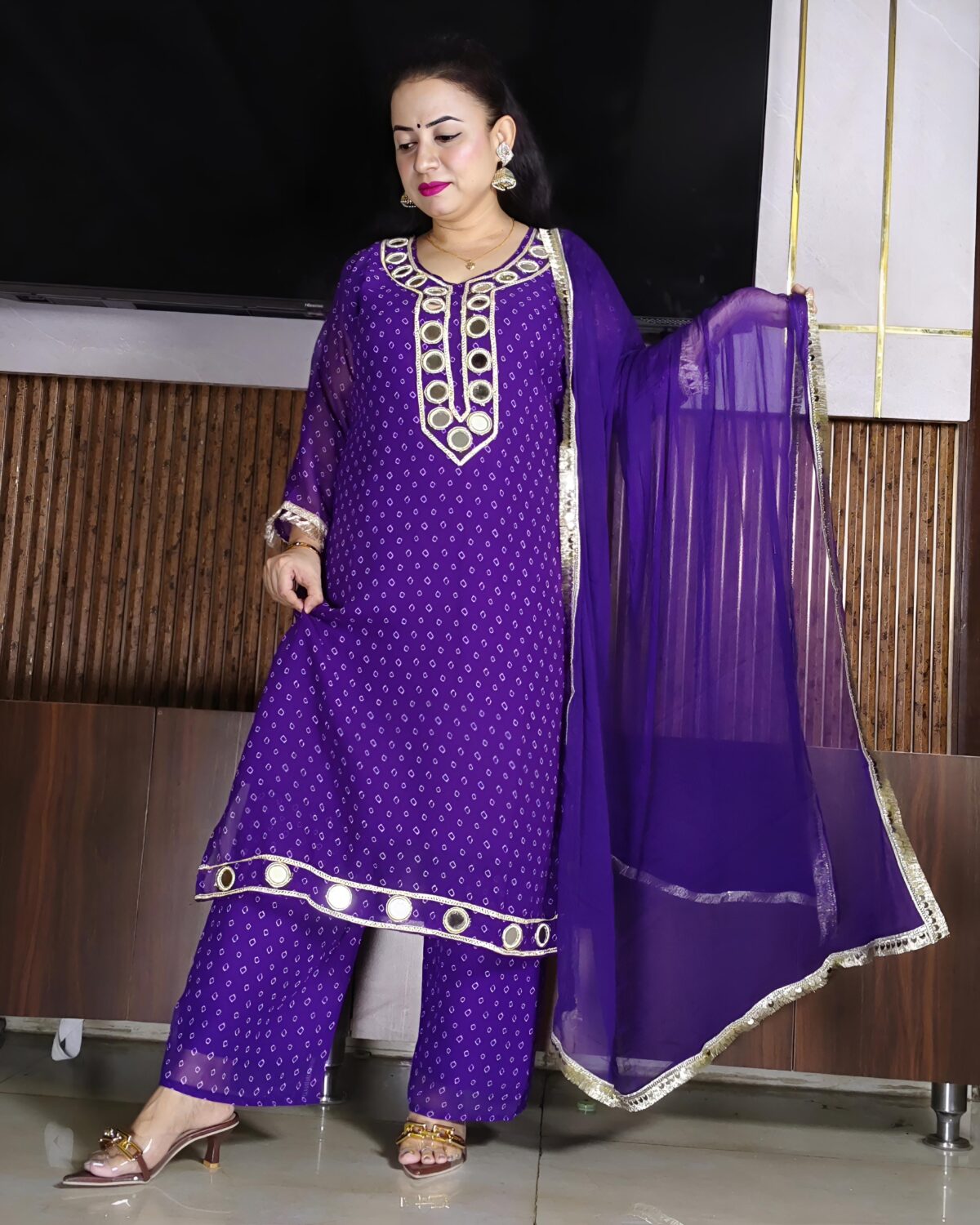 Women’s Pink Georgette Mirror Work Suit Set with Dupatta