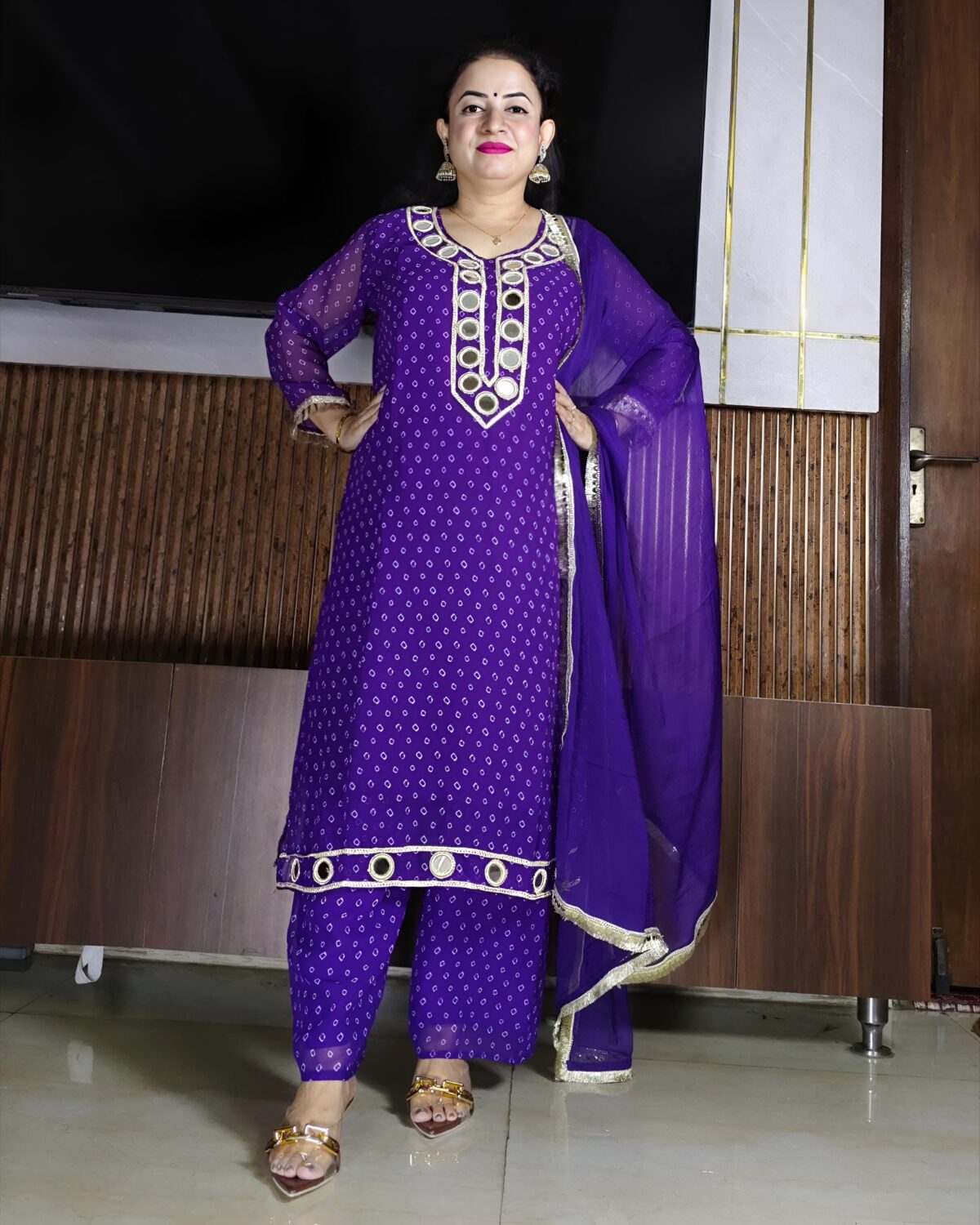 Women’s Pink Georgette Mirror Work Suit Set with Dupatta