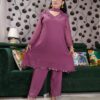 Woman wearing elegant purple mirror work suit with matching pants and dupatta