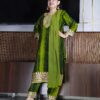 tie-dye embroidered suit set with kurta, pants, and chiffon dupatta for festive celebrations