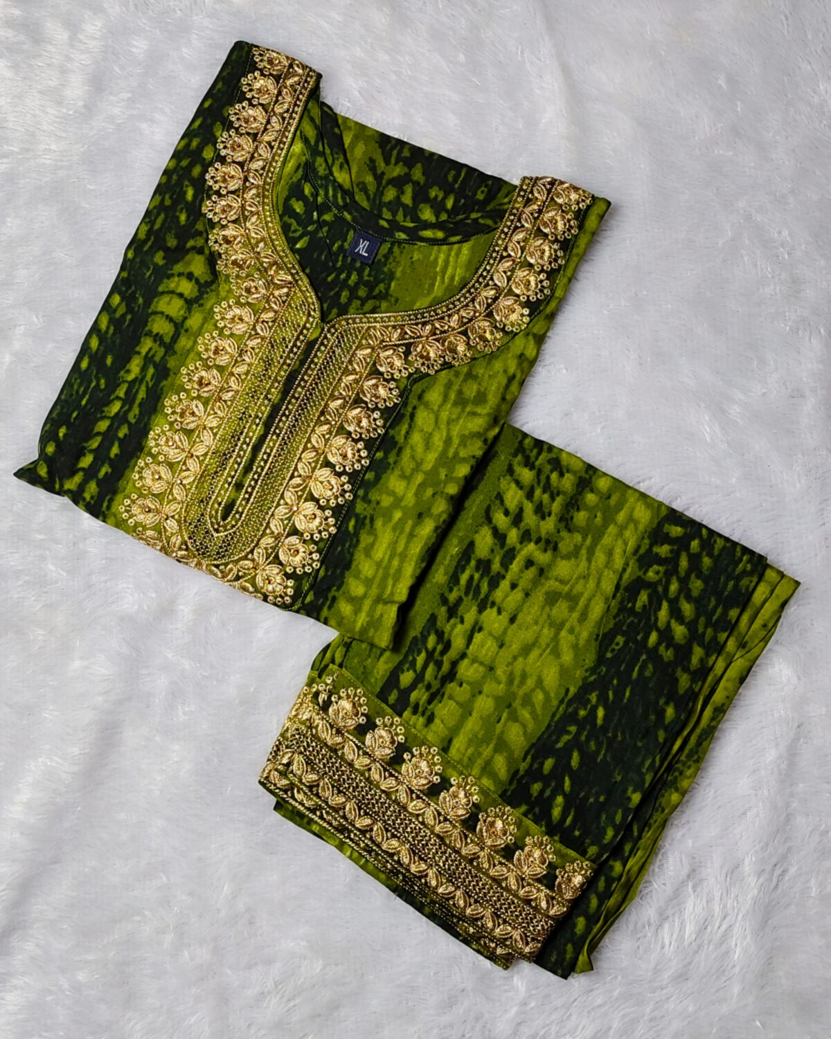 tie-dye embroidered suit set with kurta, pants, and chiffon dupatta for festive celebrations