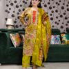 Yellow silk kurta set with paisley embroidery, mirror work, and matching floral dupatta – Indian festive outfit