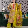 Yellow silk kurta set with paisley embroidery, mirror work, and matching floral dupatta – Indian festive outfit