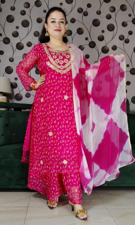 elegant pink Bandhani suit with golden Gota Patti embroidery and tie-dye dupatta