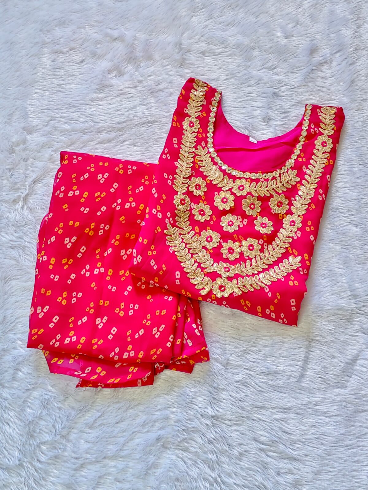 elegant pink Bandhani suit with golden Gota Patti embroidery and tie-dye dupatta