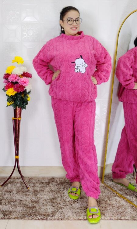 woman wearing beige soft furry winter night suit with cute cartoon embroidery