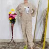 woman wearing beige soft furry winter night suit with cute cartoon embroidery