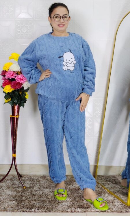 woman wearing beige soft furry winter night suit with cute cartoon embroidery