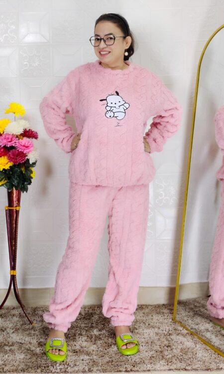 woman wearing beige soft furry winter night suit with cute cartoon embroidery