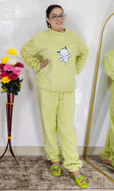 woman wearing beige soft furry winter night suit with cute cartoon embroidery