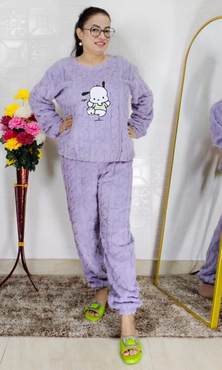 woman wearing beige soft furry winter night suit with cute cartoon embroidery