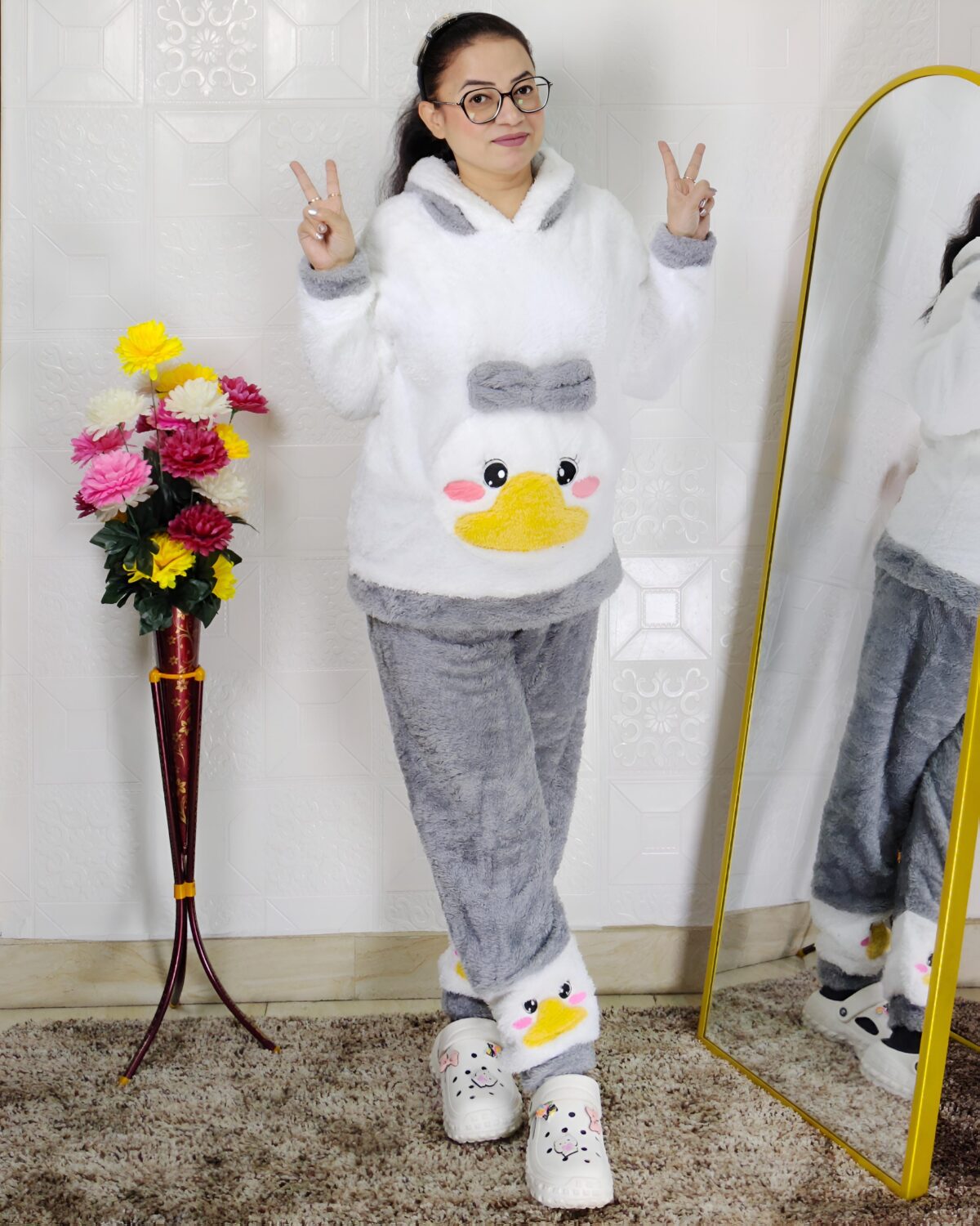 women wearing ultra-soft fleece winter co-ord set with hooded top and pants