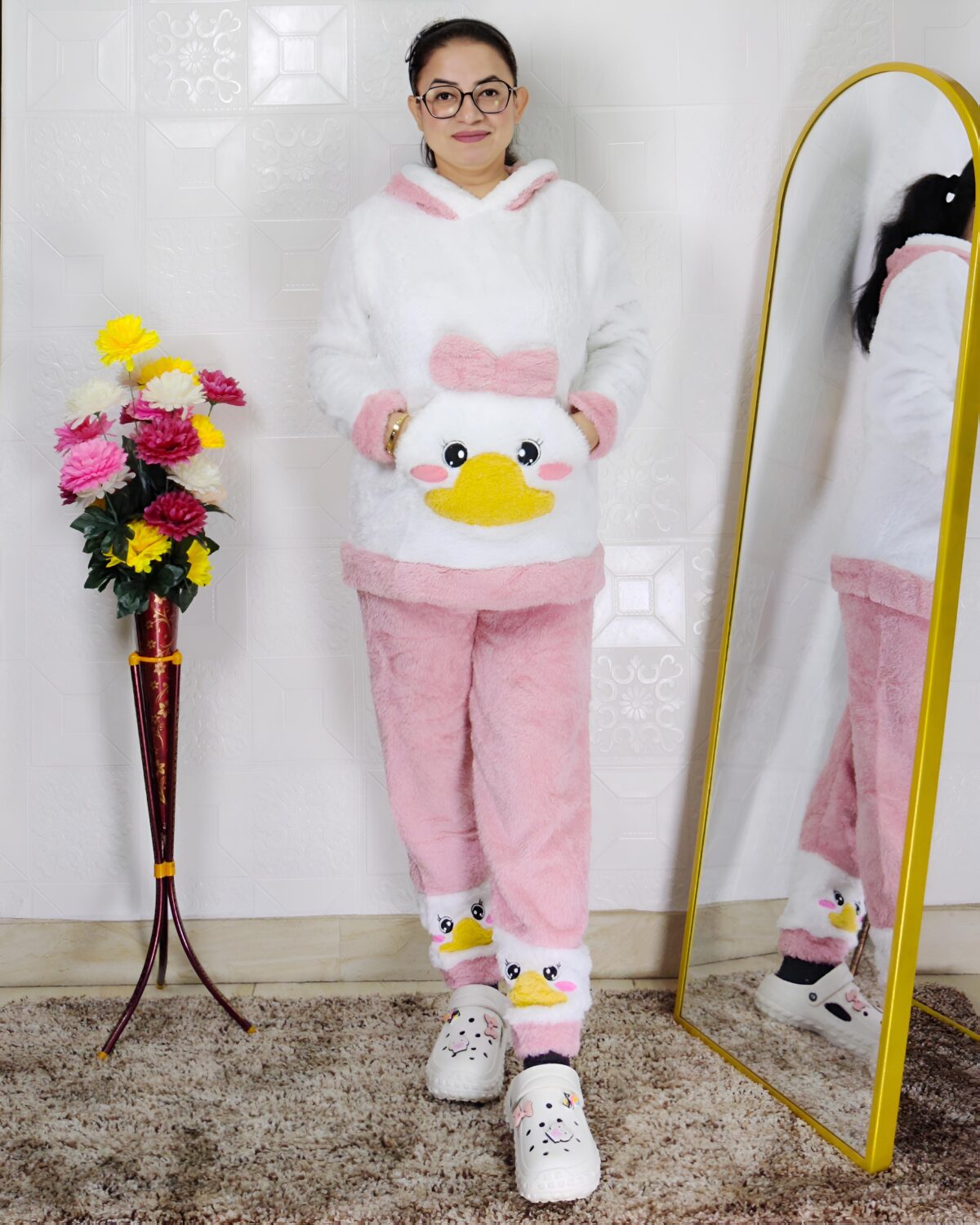 women wearing ultra-soft fleece winter co-ord set with hooded top and pants