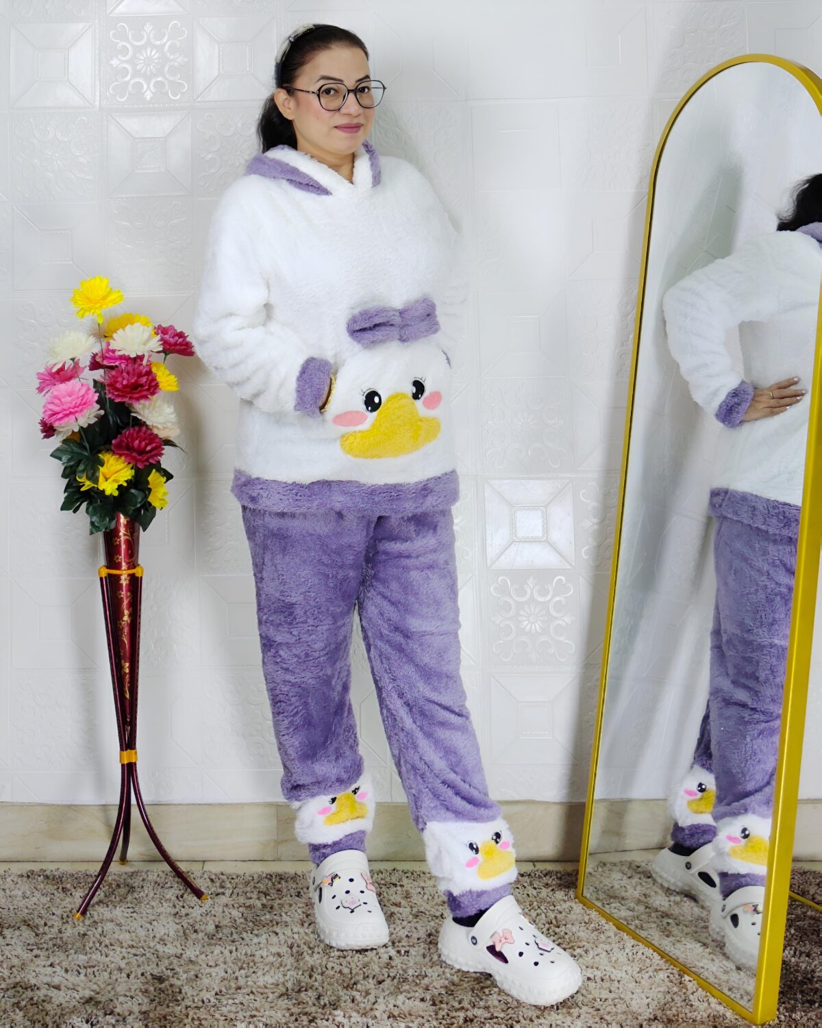 women wearing ultra-soft fleece winter co-ord set with hooded top and pants