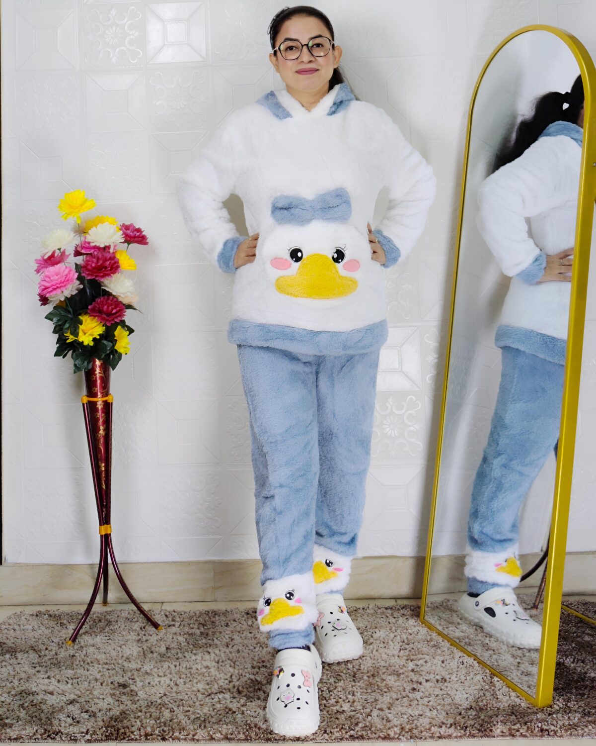 women wearing ultra-soft fleece winter co-ord set with hooded top and pants