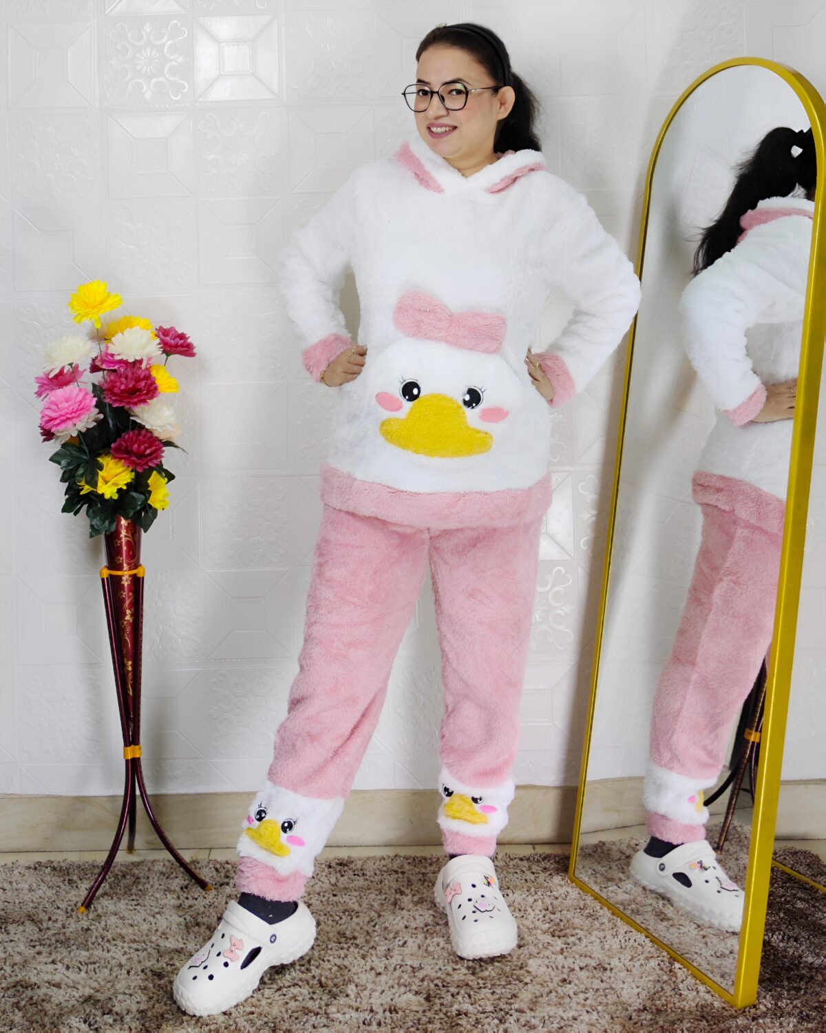 women wearing ultra-soft fleece winter co-ord set with hooded top and pants