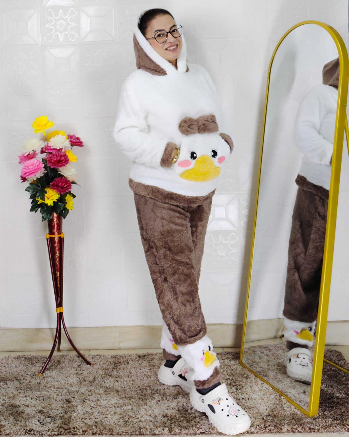 women wearing ultra-soft fleece winter co-ord set with hooded top and pants